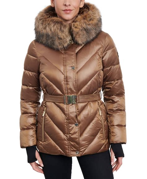 michael michael kors belted faux-fur trim hooded puffer coat|Michael Kors insulated jacket.